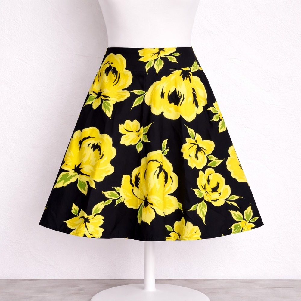Vintage Cache Floral Print A-Line Skirt Womens 12 Black Yellow Cotton Silk Lined